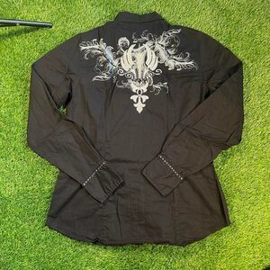 Retro Affliction style Roper gothic western pearl snap black button up shirt (M)